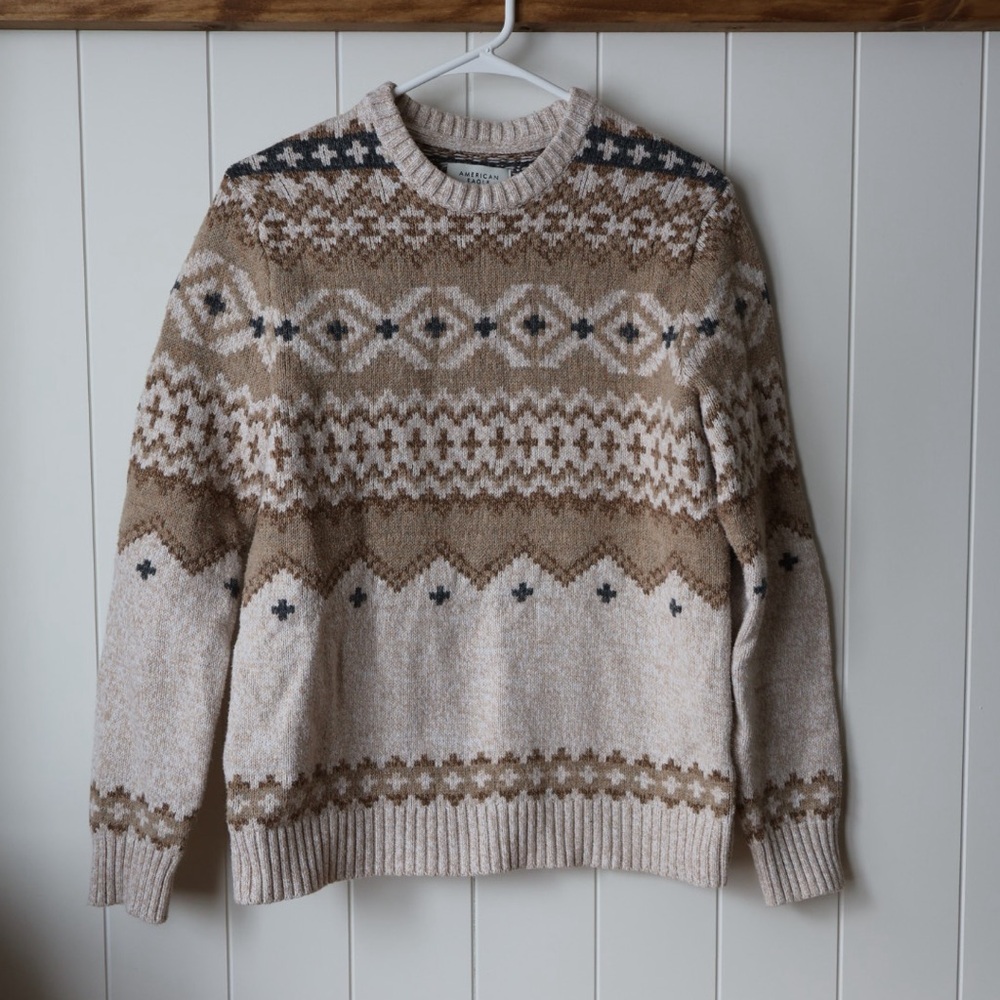 Vintage Style Western Fair Isle Knit Cotton Women’s Sweater Sz S Tan Patterned